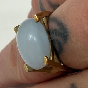 Vintage Blue Chalcedony Statement Ring Gold Tone Architectural Ethereal Size Adj